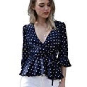 Blooming Jelly Polka Dot V Neck Top Blue White